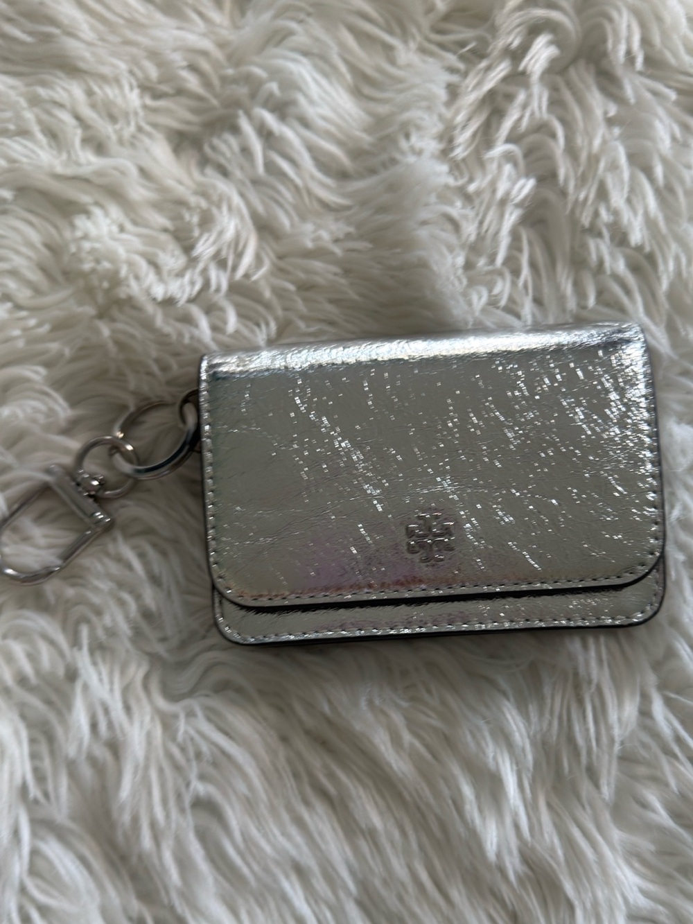 Tory Burch Metallic Silver Thea Zip Card Case with Key Ring and Clip